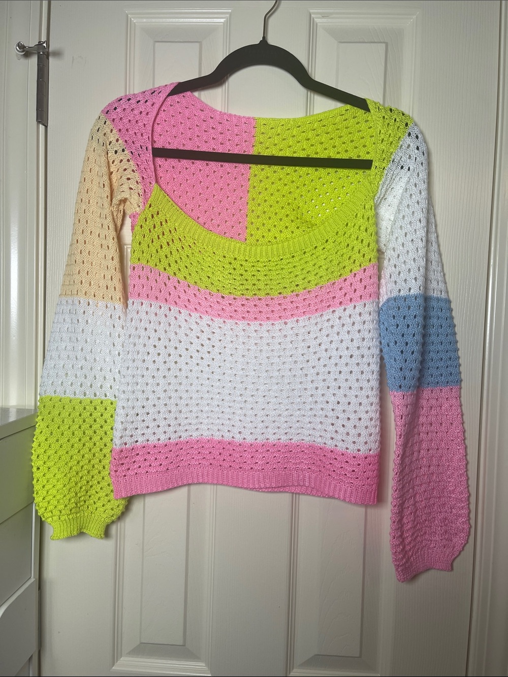 Pastel Colorblock Open-Knit Women's Sweater - Pink, White, Lime